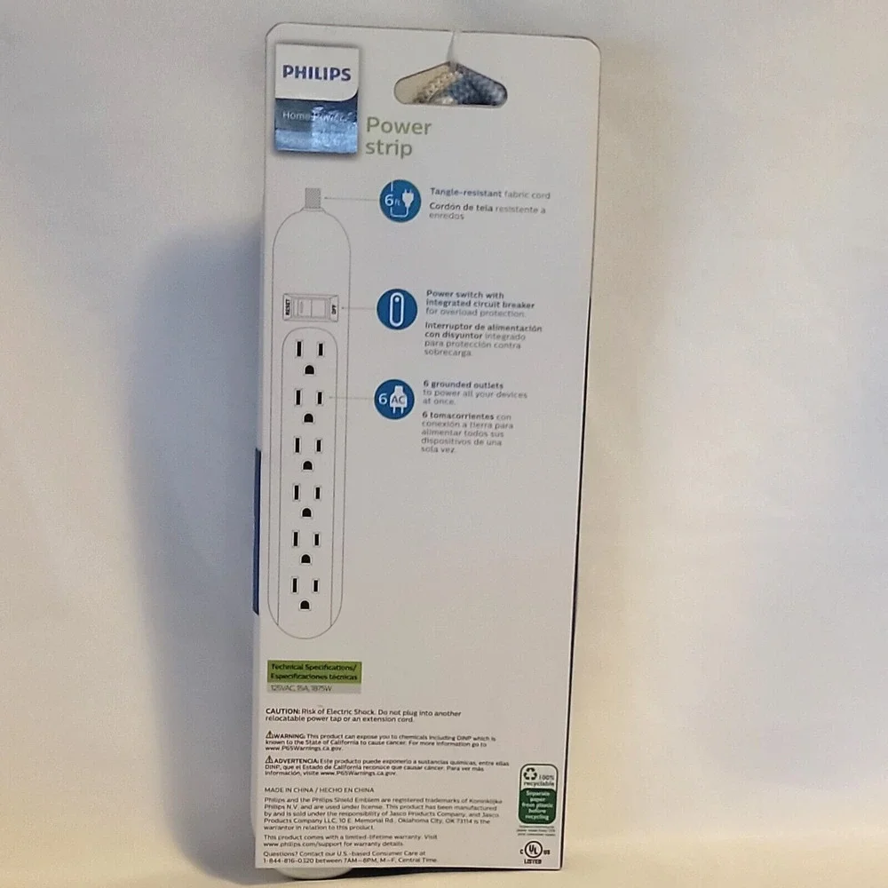 Philips Power Strip Home Power 6 Outlet 6 ft Braided Cord Indoor White